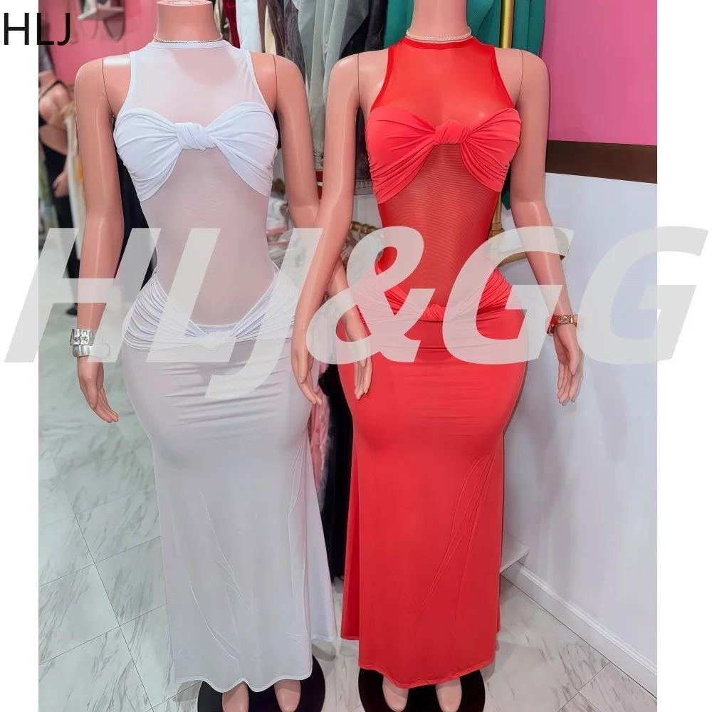 

HLJ Sexy Mesh See Through Bodycon Long Dresses Women Solid Color O Neck Sleeveless Dress Female Night Clubwear Vestidos 2025 New