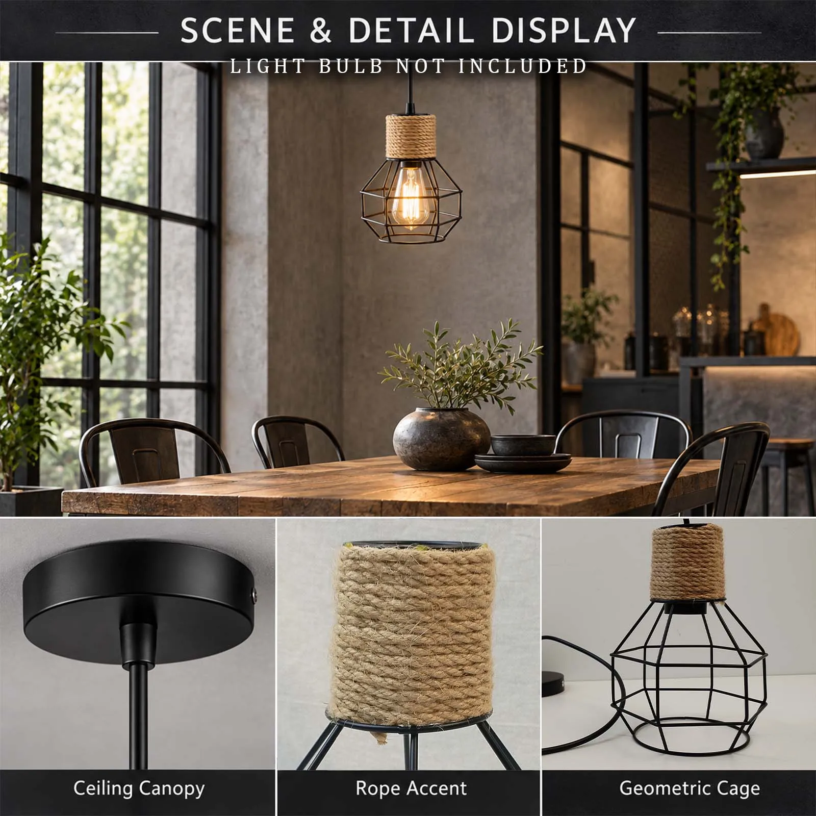 Pendant Light, Black Metal Diamond Cage, Jute Rope Neck, Geometric Open Frame, E27, Industrial, Dining Room Kitchen Island