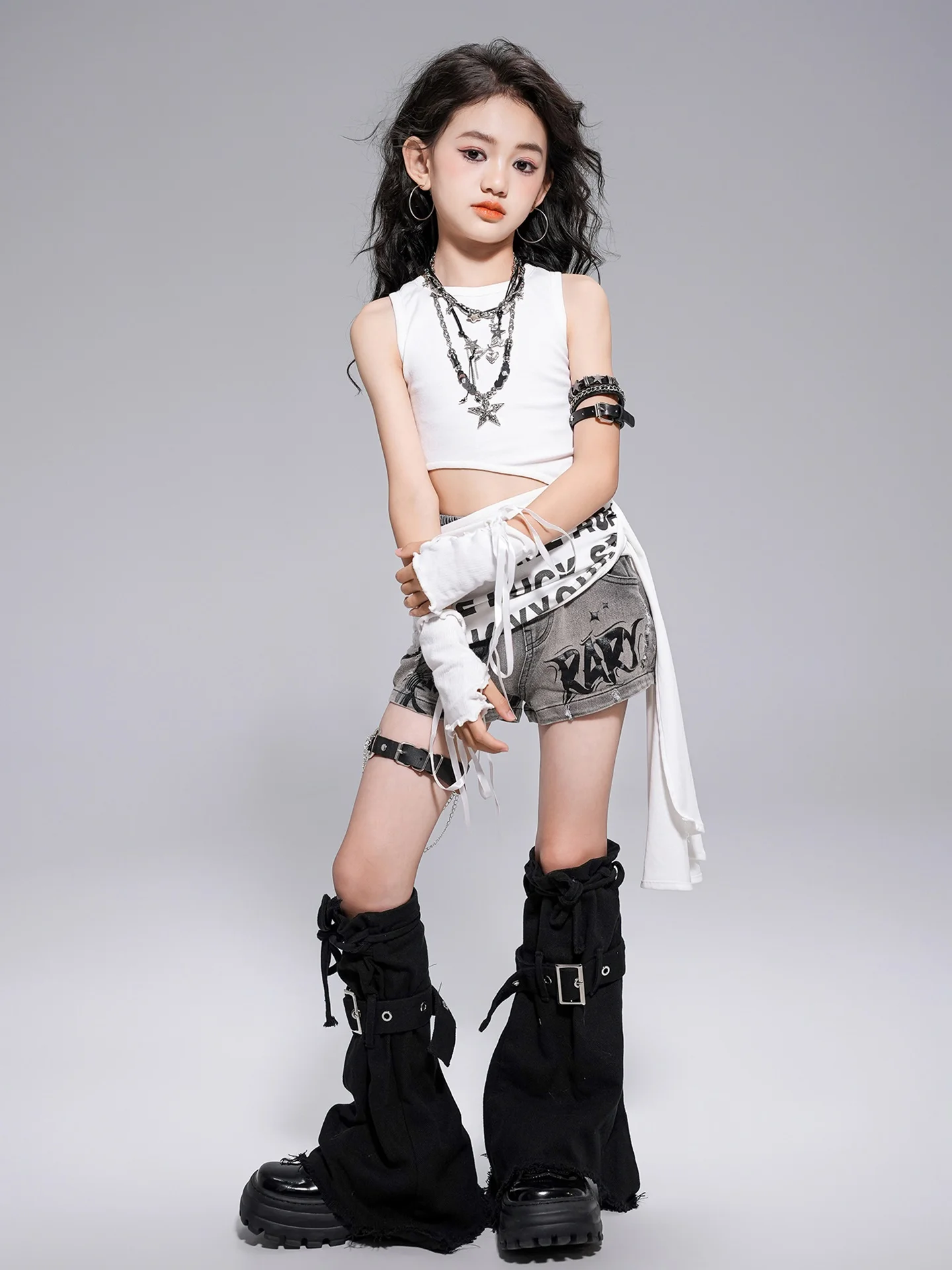 소녀 재즈 댄스 의상 유행 여름 어린이 무대 공연 의상 스트리트 댄스 힙합 의류 Catwalk Wear DQL10879