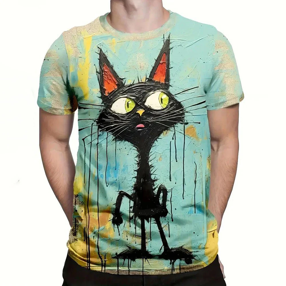 Camiseta casual de manga curta masculina, estampa para gatos 3D, streetwear, pulôver gola redonda, roupa masculina extragrande, moda verão