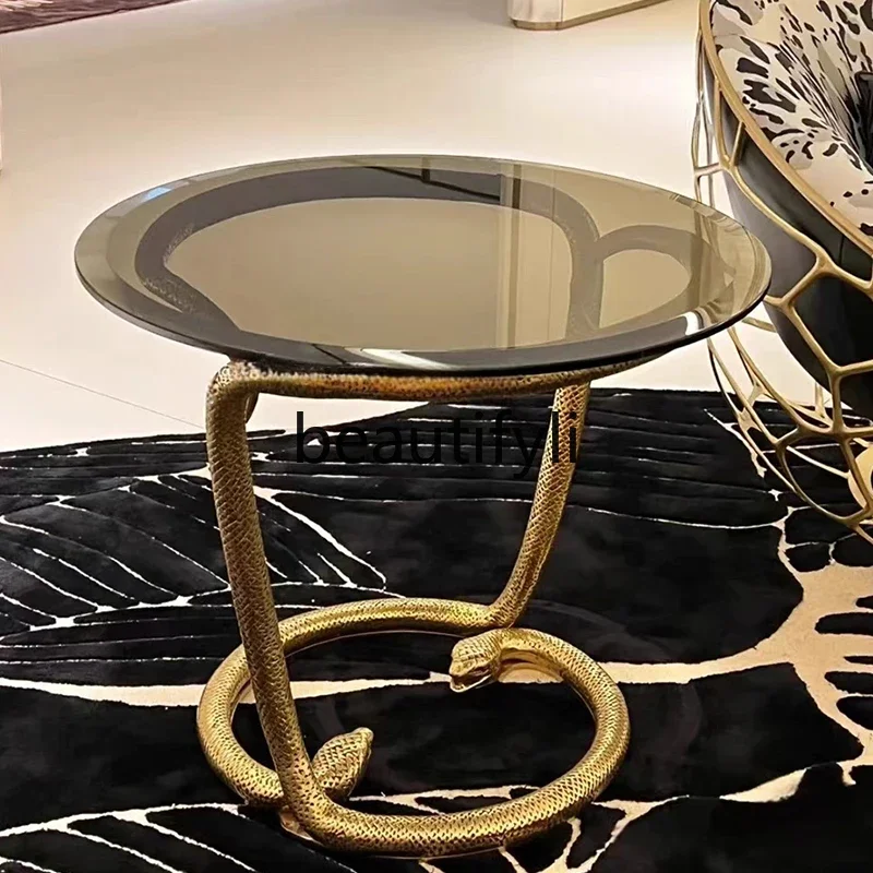 

yj9 Round coffee table light luxury living room household pure copper snake head high-end glass edge table