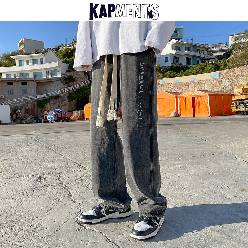 KAPMENTS Men Letter Baggy Streetwear Jeans Pants 2023 Mens Black Straight Graphic Denim Trousers Male Wide Leg Joggers Clothing