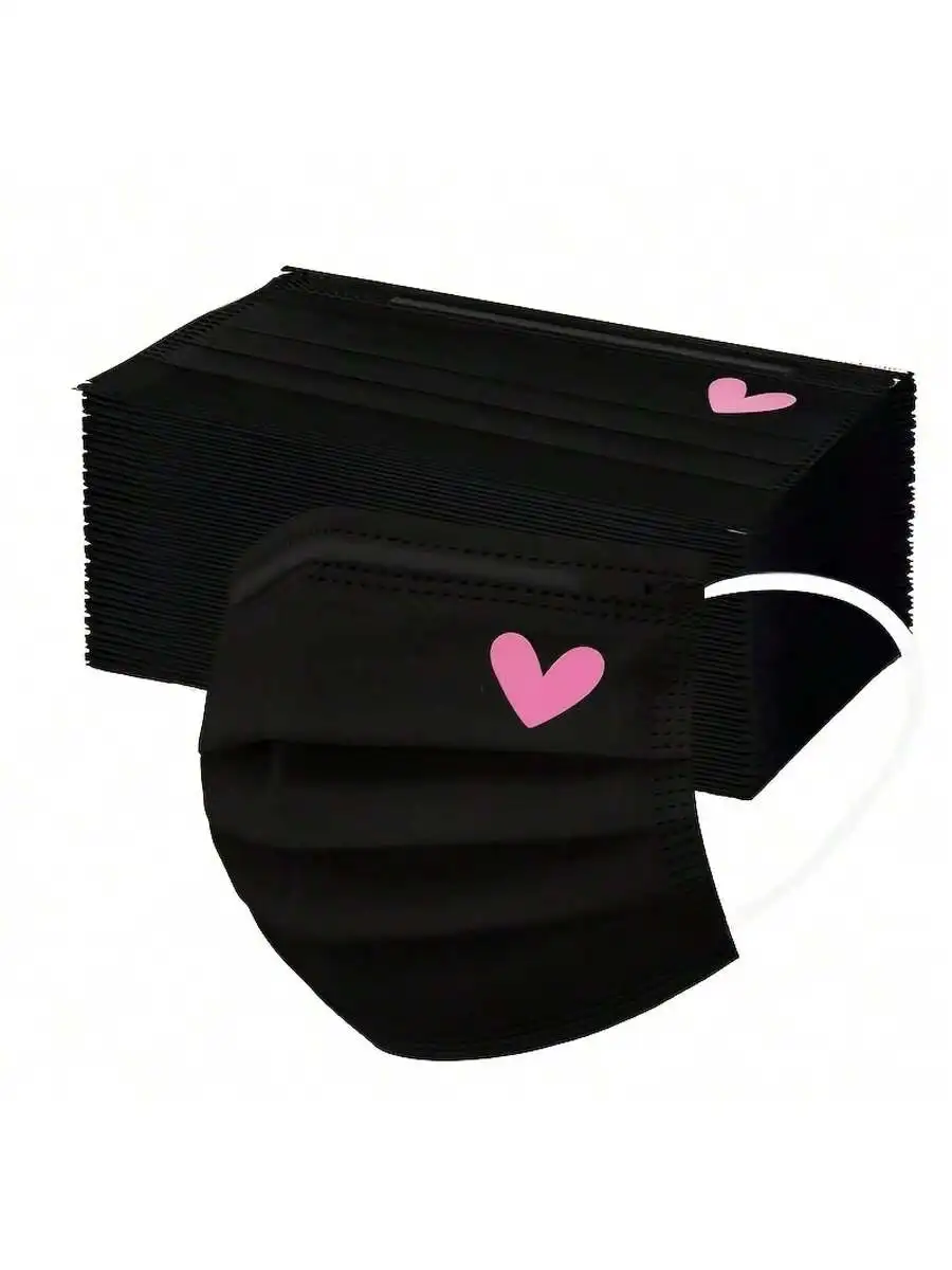 

10 Packs Black Face Masks With Pink Heart Print Elastic Breathable Non-Woven Fabric For Women