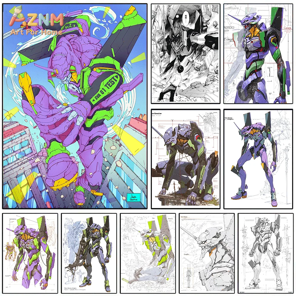 AZNM EVA Unit 01 Canvas Wall Print Single Unframed Neon Genesis Evangelion Mechanical Sketch Anime Robot Art For Boys Room Hom