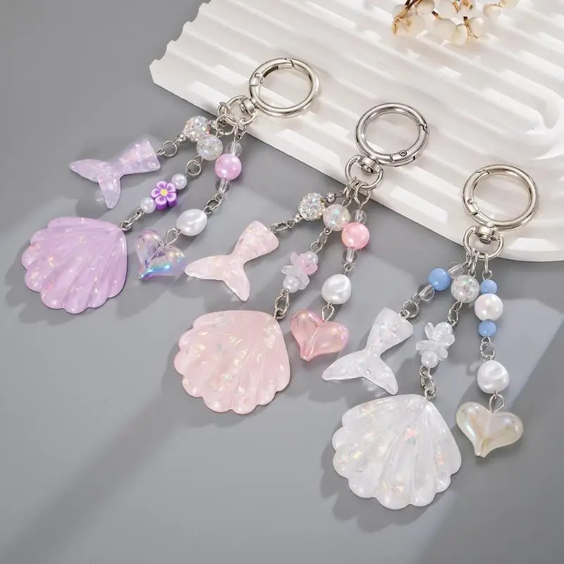 Niedlicher Meerjungfrauenflossen-Muschel-Schlüsselanhänger mit Glitzer-Pailletten und Perlenanhänger, zierlicher Rucksack- und Handtaschenanhänger für Damen zur täglichen Dekoration. – Detail 5