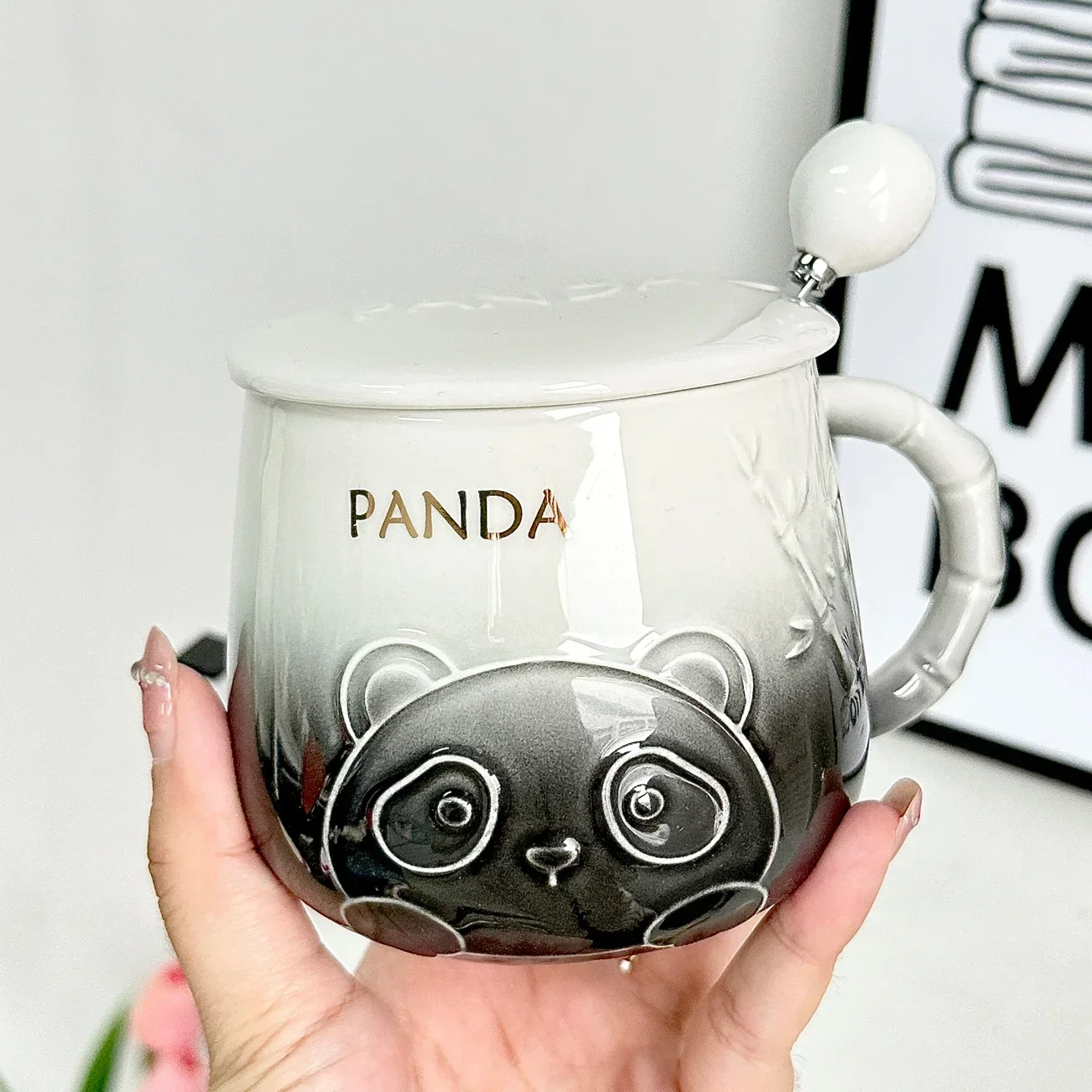 

Chinese Ink Gradient Panda Mug Cute Breakfast Ceramic Cup With Lid Spoon Original Mugs Coffee Cups Unusual Tea Cup Set Glass Bar