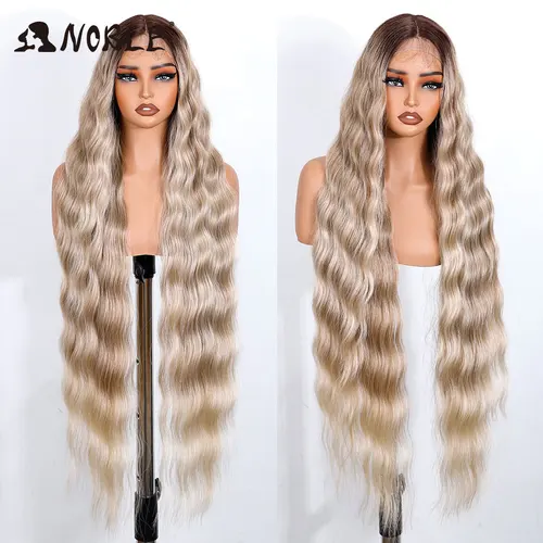 Imagen 2 del producto Peluca con malla frontal sintética Noble de 36 "", peluca dorada ondulada larga con parte de encaje para mujer, peluca con malla frontal, peluca de Cosplay Rubio degradado