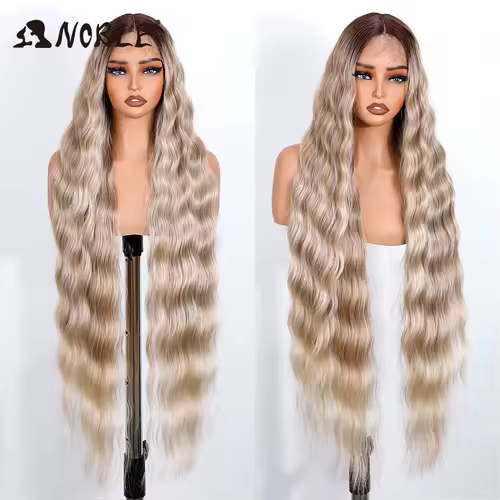 Noble Synthetic Lace Front Wig 36 " Long Wavy Lace Part Body Wavy Golden Wig For Women Lace Front Wig Ombre Blonde Cosplay Wig - Image 3