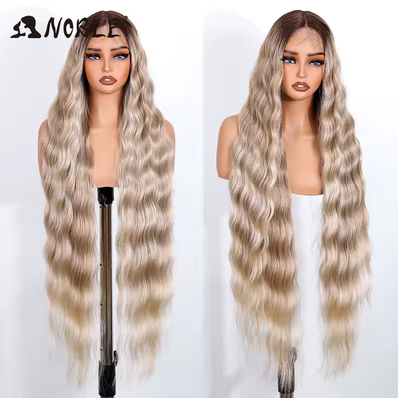 Noble Synthetic Lace Front Wig 36 " Long Wavy Lace Part Body Wavy Golden Wig For Women Lace Front Wig Ombre Blonde Cosplay Wig - Image 3