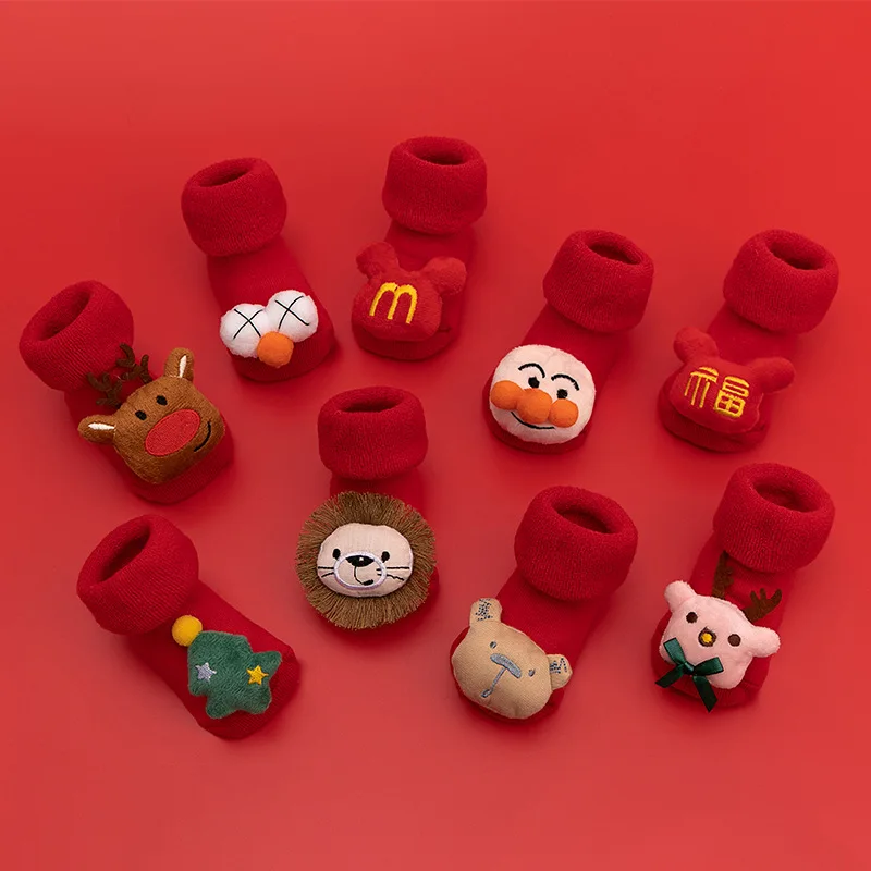 Newborn Toddler Baby Boys Girls Christmas Red Socks Winter Autumn Warm Non Slip Floor Grip Sock with Santa Claus Snowman Decor