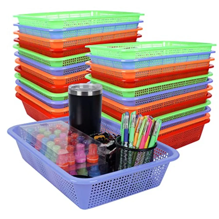 

24 Pack Classroom Storage Baskets Pencil Organizer Bins 13.5 x 10 x 3 Inch Paper Trays Basket Plastic Book Basket for Classroom