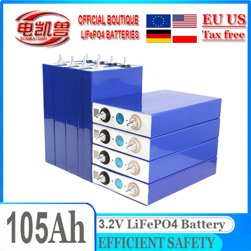 

3.2V 105AH LiFePO4 Battery Grade A Rechargeable Cell With Free Busbars For Solar Energy DIY 12V 24V 48V Lithium Battery Pack