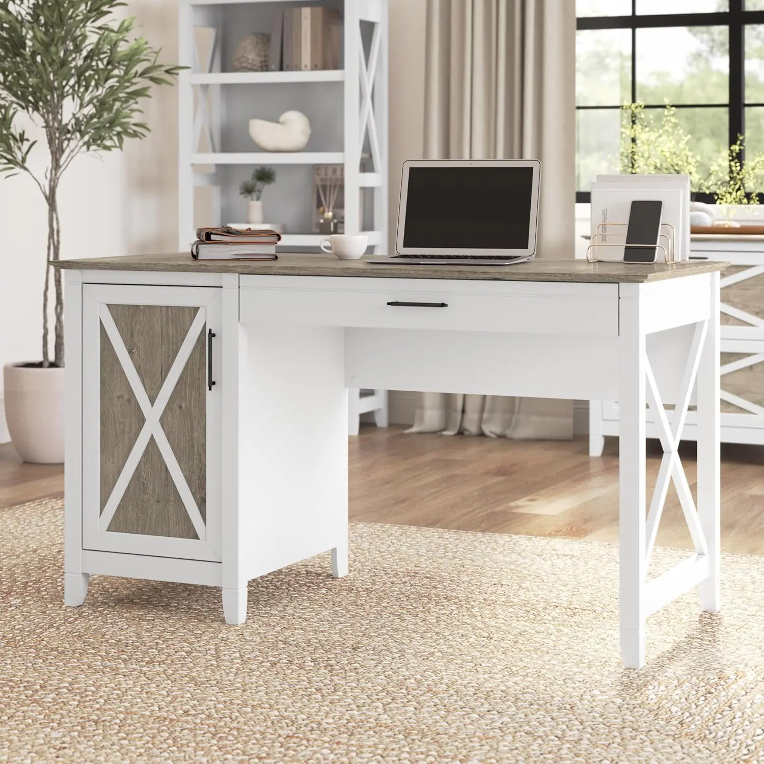 Key West Computer Desk With Storage | Farmhouse Pc Table For Home Office In Pure White And Shiplap Gray | 54W X 24D