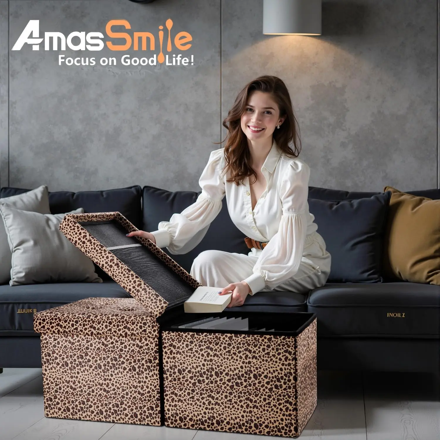 Leopard Print Velvet Storage Ottoman Bench - Foldable Footrest with Hidden Compartment for Living Room & Bedroom