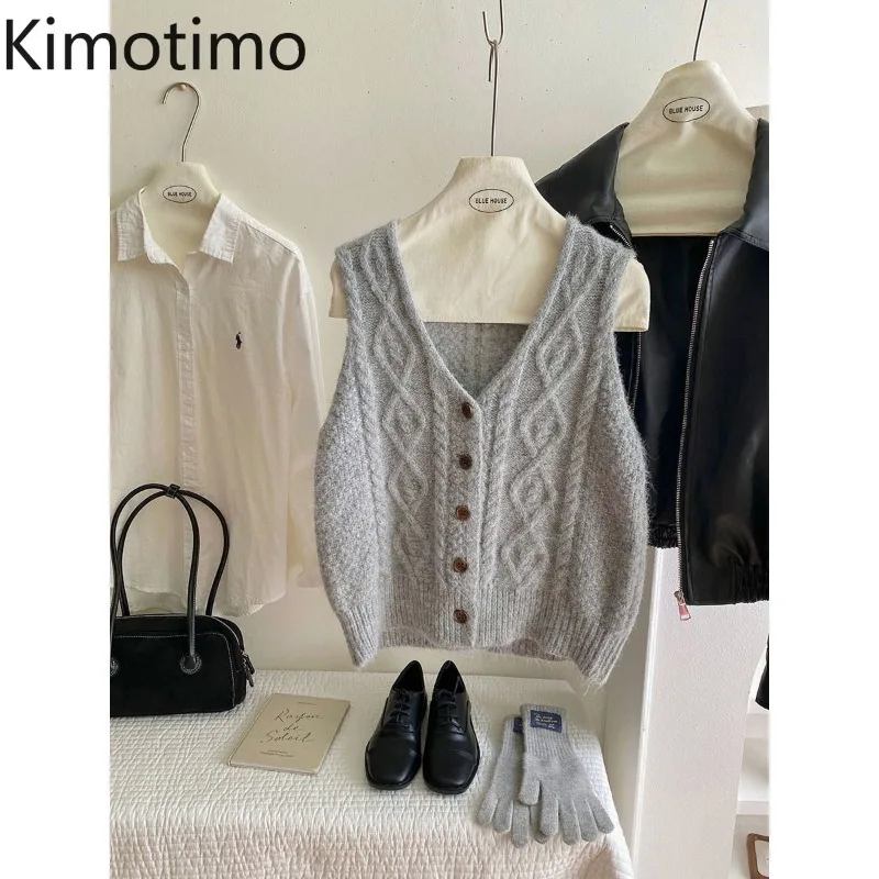 

Kimotimo, однотонный витой вязаный жилет, женский осенне-зимний жилет с v-образным вырезом, простой винтажный свитер без рукавов, кардиган