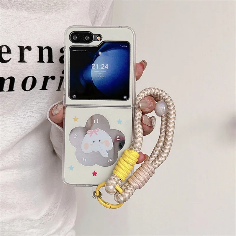 Cute Hollow Mirror Love Heart Phone Case For Samsung Galaxy Z Flip 6 5 4 3 Z Flip5 Flip6 Flip4 5G Cover with Hand Strap Cases