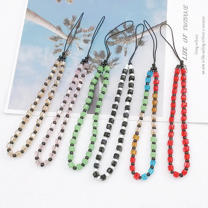 Fashion Crystal Beads Charm Phone Lanyard for Women Color Acrylic Cellphone Case Rope Beaded DIY Phone Chain Jewelry Accessories