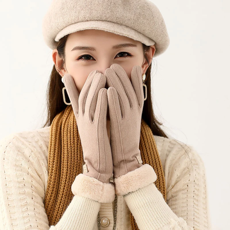 Женские зимние теплые перчатки, модные наручные пуговицы, варежки с сенсорным экраном, молодые студенты, велосипедные перчатки