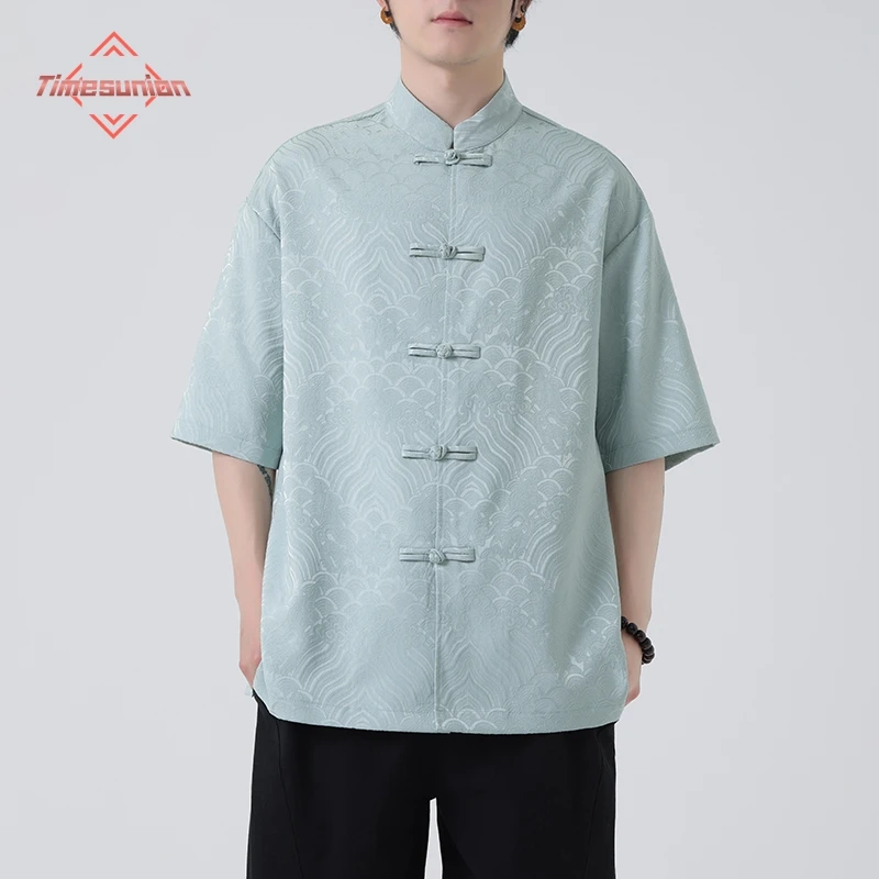 Fashion Men's Tang Suit Disc Buckle Short Sleeve T-Shirt Men's Summer Waves Tai Chi Kung Fu Shirt Loose Plus Size Clothes