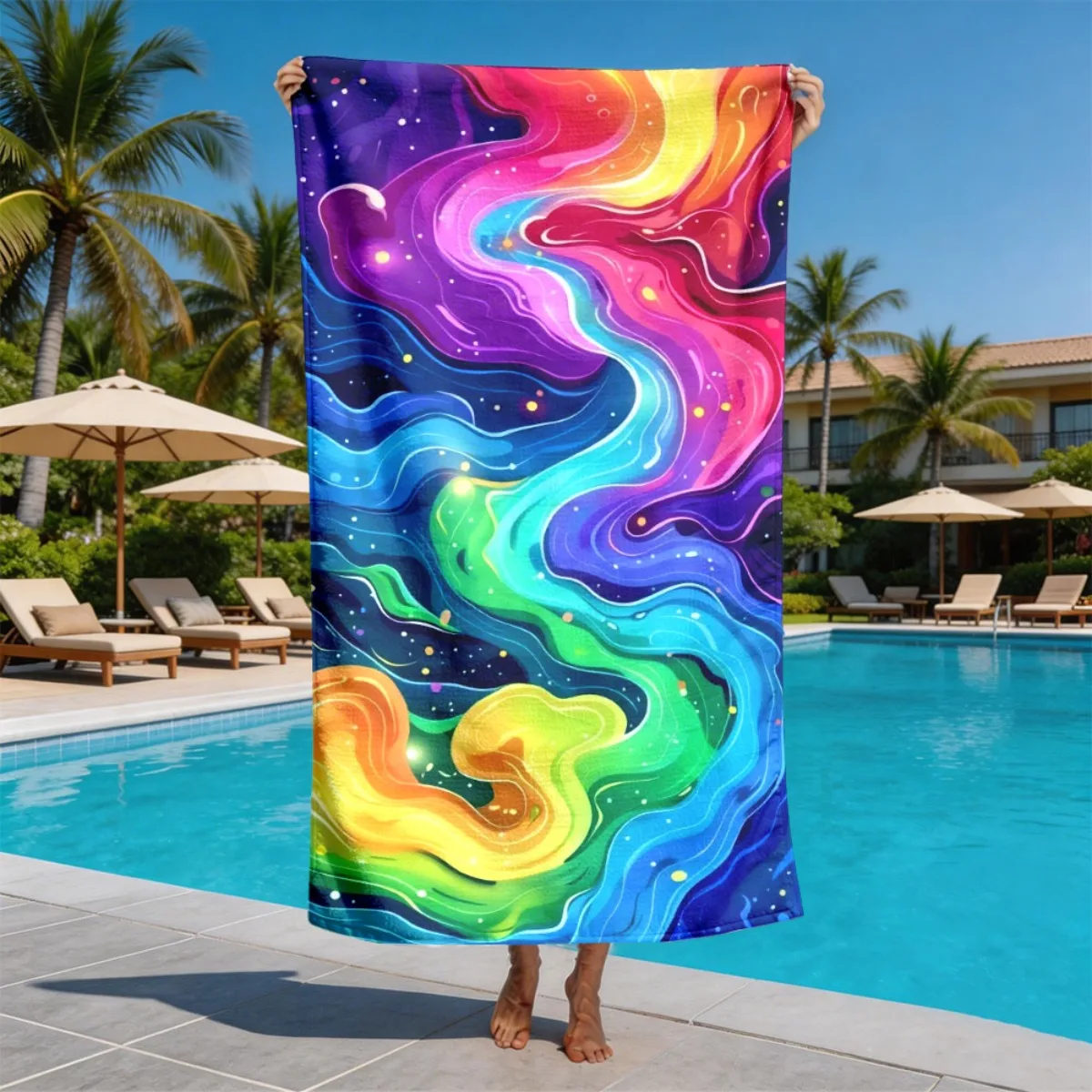 

Rainbow fluid marble pattern polyester microfiber beach towel is highly absorbent, suitable for swimming and beach outings