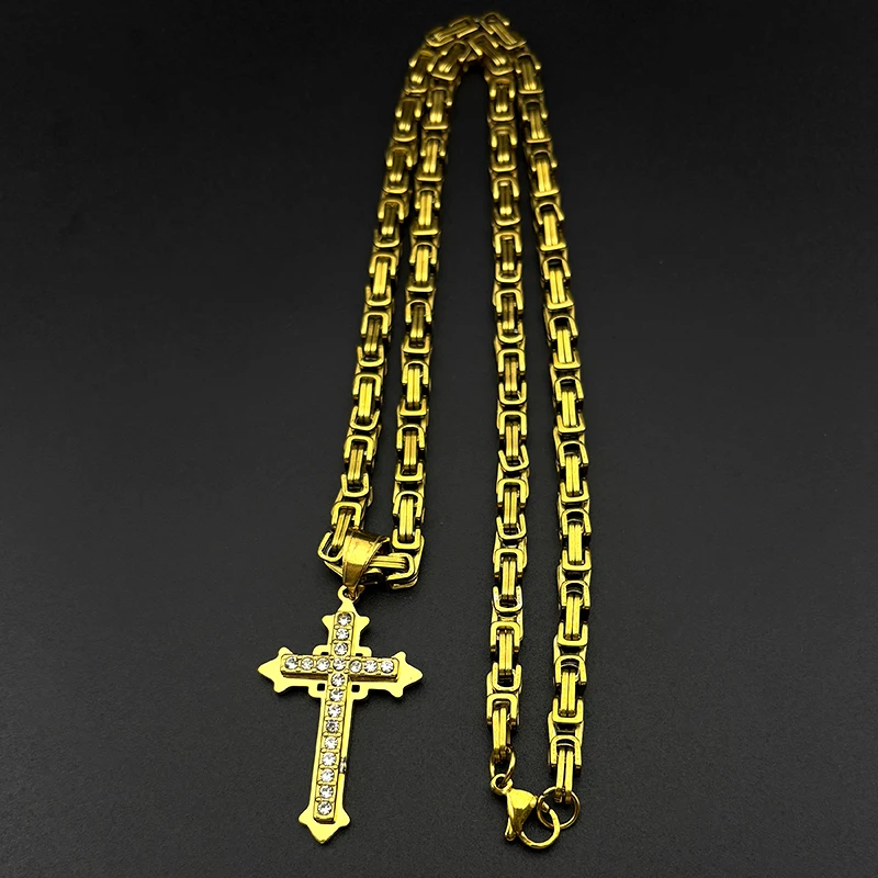 الراين يسوع الصليب قلادة قلادة للنساء الرجال الذهب اللون الفولاذ المقاوم للصدأ الكاثوليكية الهيب هوب البيزنطية سلسلة مجوهرات هدية #5