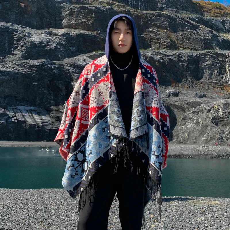 Autumn and Winter Men's Cape Shawl Ethnic Style Travel Outfit Warm Retro Cloak Travel Multifunctional Outerwear  Poncho P2