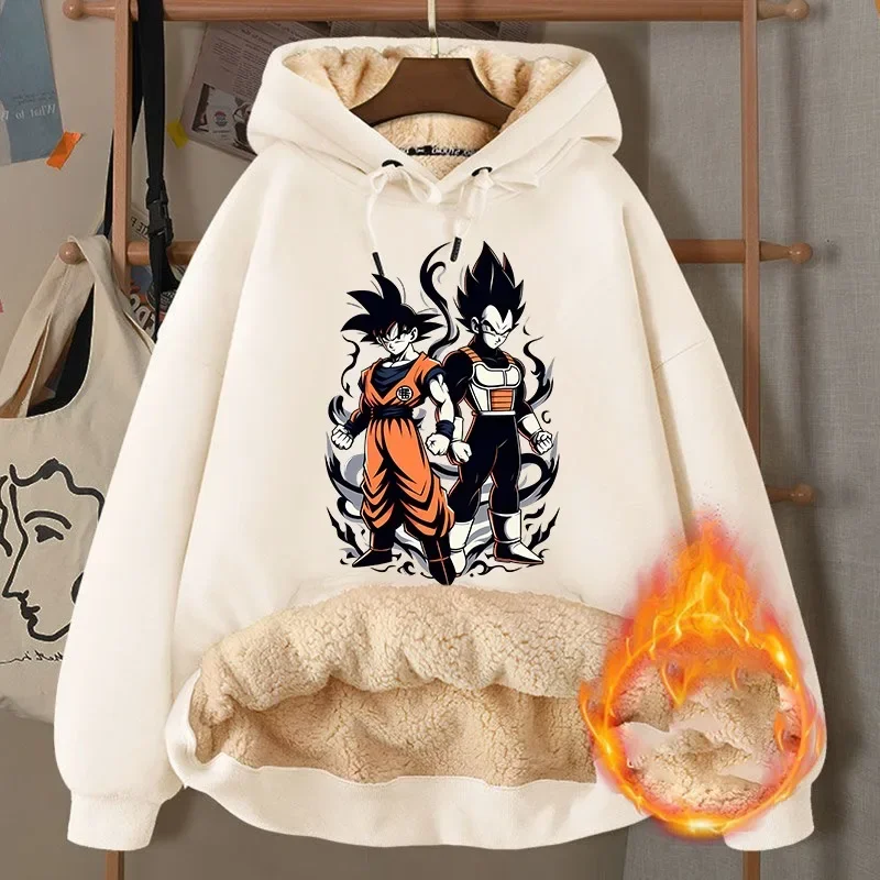 Dragon Ball Z Men Fleece Lined Hoodie Goku Female Winter Warm Sweatshirt Hooded Outerwear Cartoon Printed Drawstring Pullover