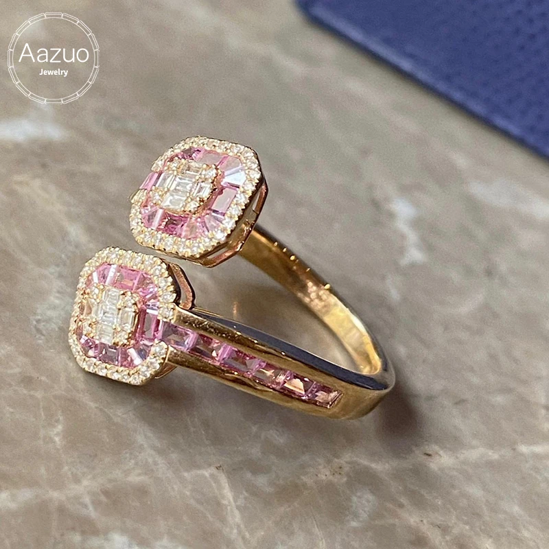 Aazuo 100% 18K Solid Yellow Gold Natrual Pink Sappires Real Diamond Open Ring Gifted For Woman Wedding Day Deluxe Banquet Party