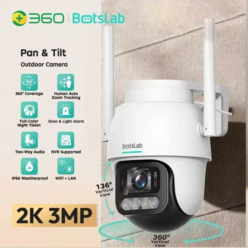 

Qihoo360 Botslab 2K 3MP HD Outdoor Camera Wireless PTZ Smart Home Cam Night Vision Siren and Light Alarm IP66 Weatherproof Cam