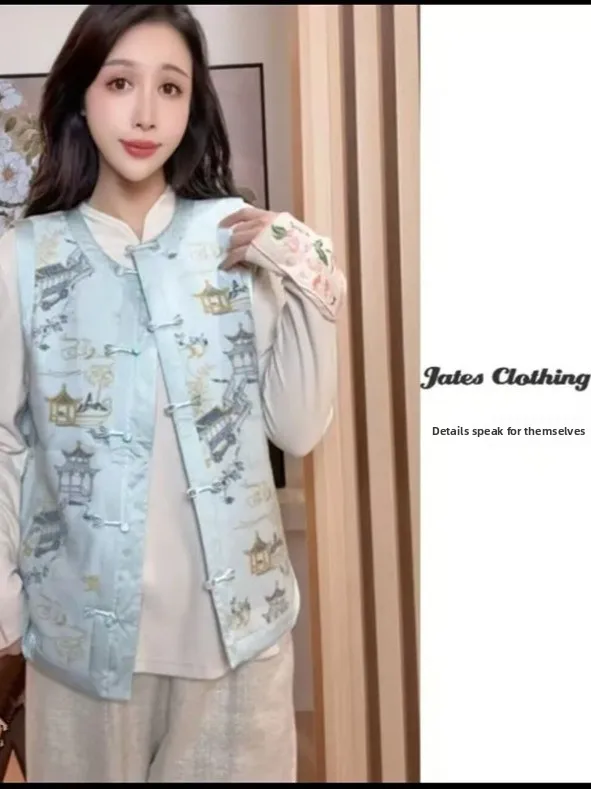 

New Chinese Sle Women's Embroidered Jaet Vest Spring Autumn New Sle Brocade Collar Layering Top round Ne Regular Length