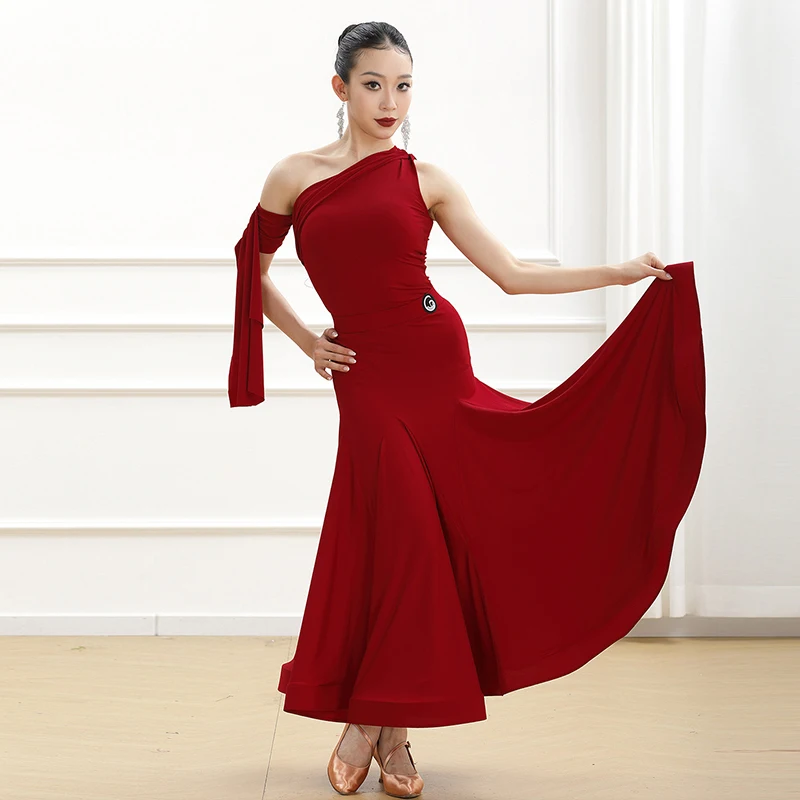 Red Ballroom Dance Dress Standard Performance Costume Women Modern Dancing Stage Outfit Ballroom Practice Leotard Skirt VDL5444