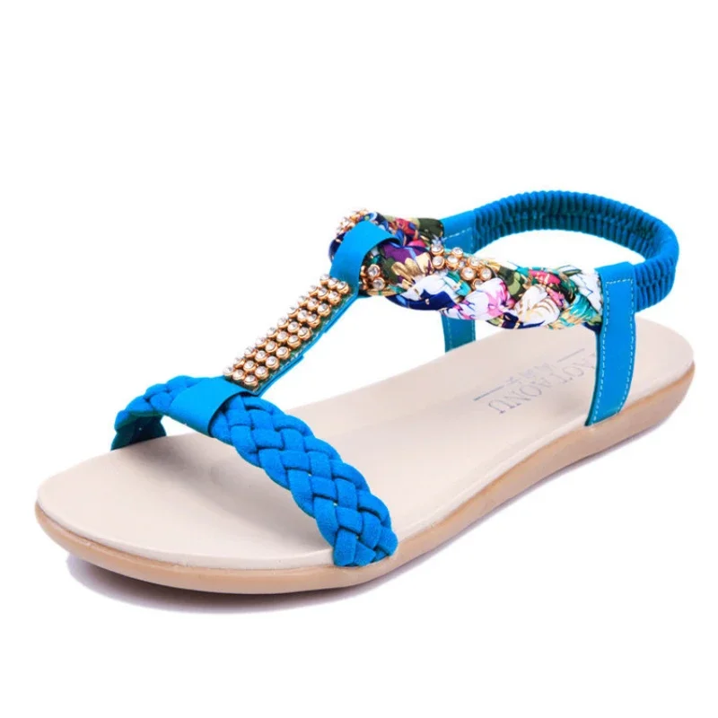 

2025 Female Shoes Elastic Band Women's Sandals Plus Size Casual Sandal Women Pearl Crystal Weave Round Toe Flat with Shoes Women