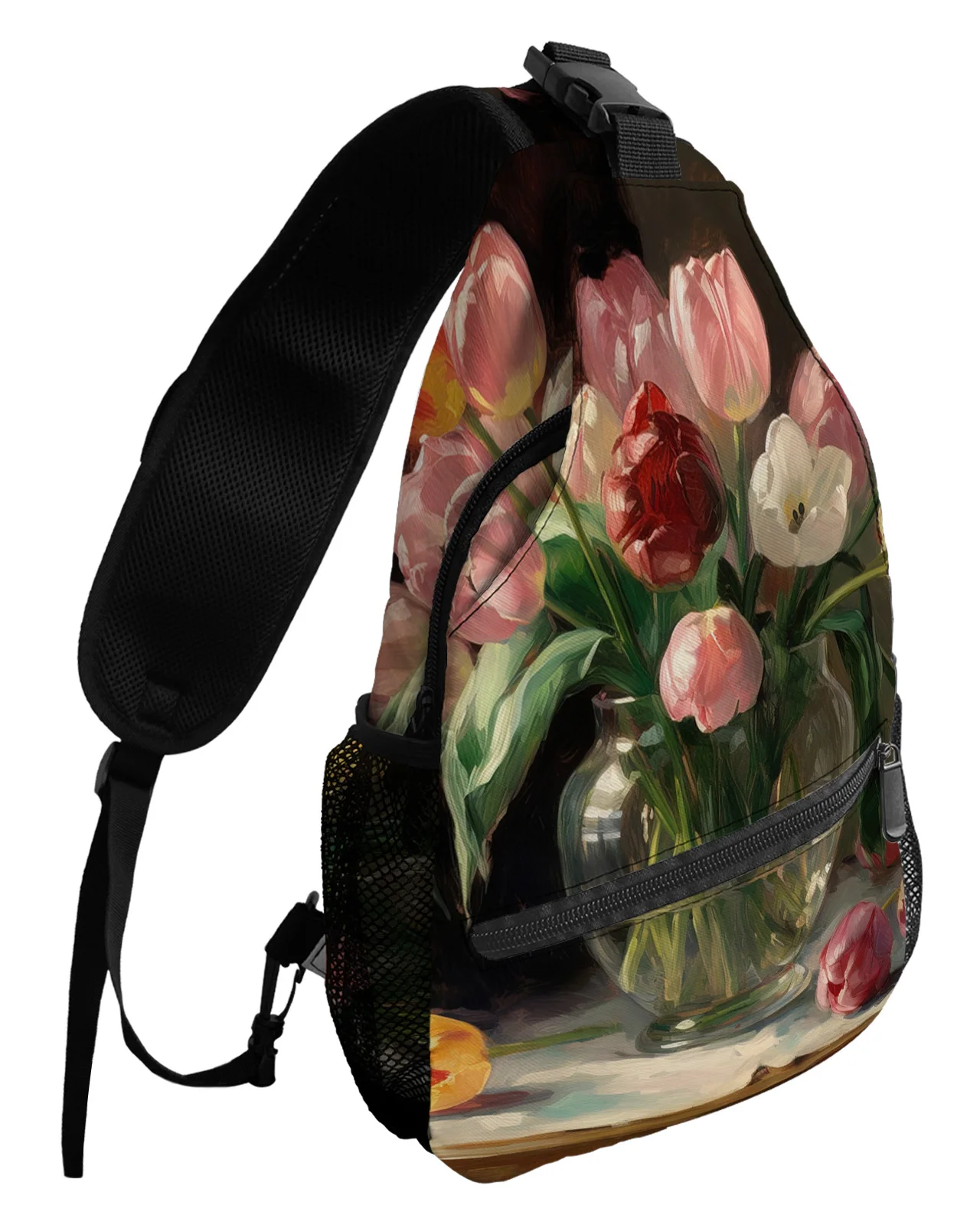 Flower Leaves Oil Painting Chest Bag for Man Women Casual Crossbody Bag Travel Shoulder Bag Large Capacity Sling Bag