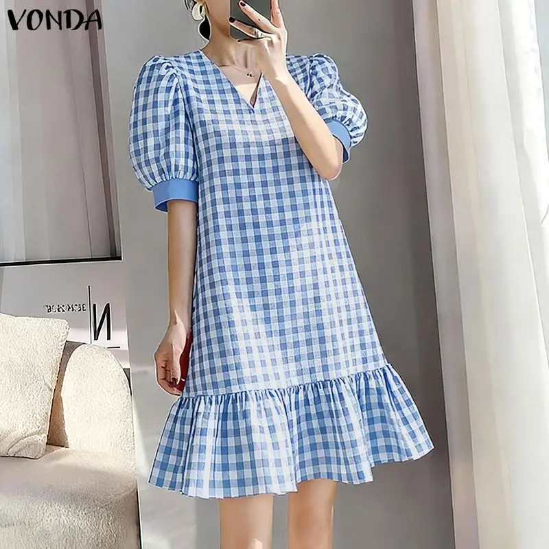 Damen Sommerkleider VONDA Elegantes Büro-Damenkleid mit Kurzen Puffärmeln V-Ausschnitt Kariertes Sommerkleid 2026 Gerüschtes Vestidos Kleid Streetwear