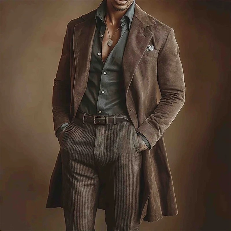 

Men's Retro Suede Trench Coat Brown Lapel Long Jacket British Style Blazer Luxury Slim Light Coats Autumn Winter Men's Clothing