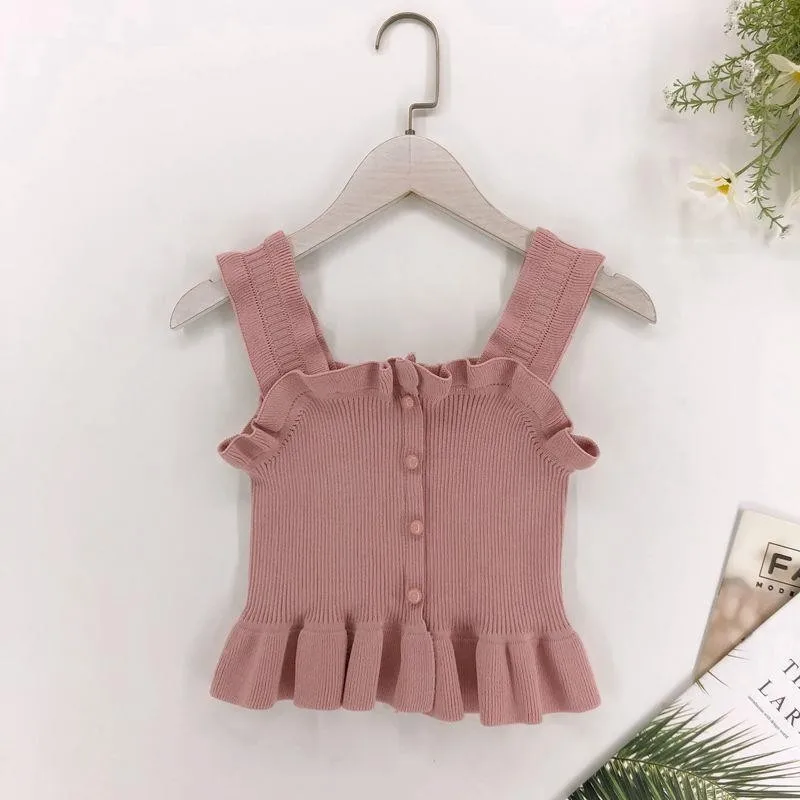 Vest Girl Lotus Leaf Edge Camisole Summer New Advanced Sense Knitting Sleeveless Tops Simple 2024 Fashion Childrens Clothing