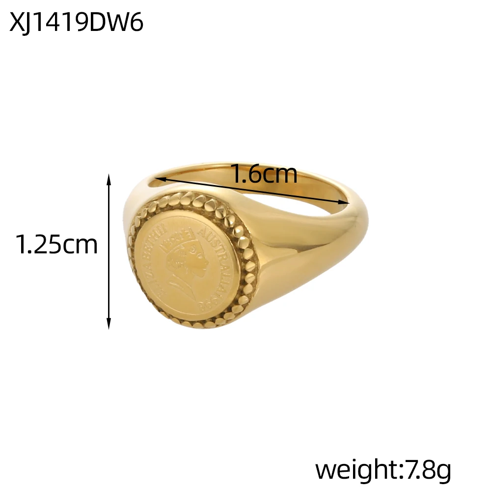 Anlauffreie Edelstahl-Siegelringe mit Goldauflage und Porträt von Königin Elizabeth, Retro-Münzengravur-Bandringe für Damen und Herren – Detail 3