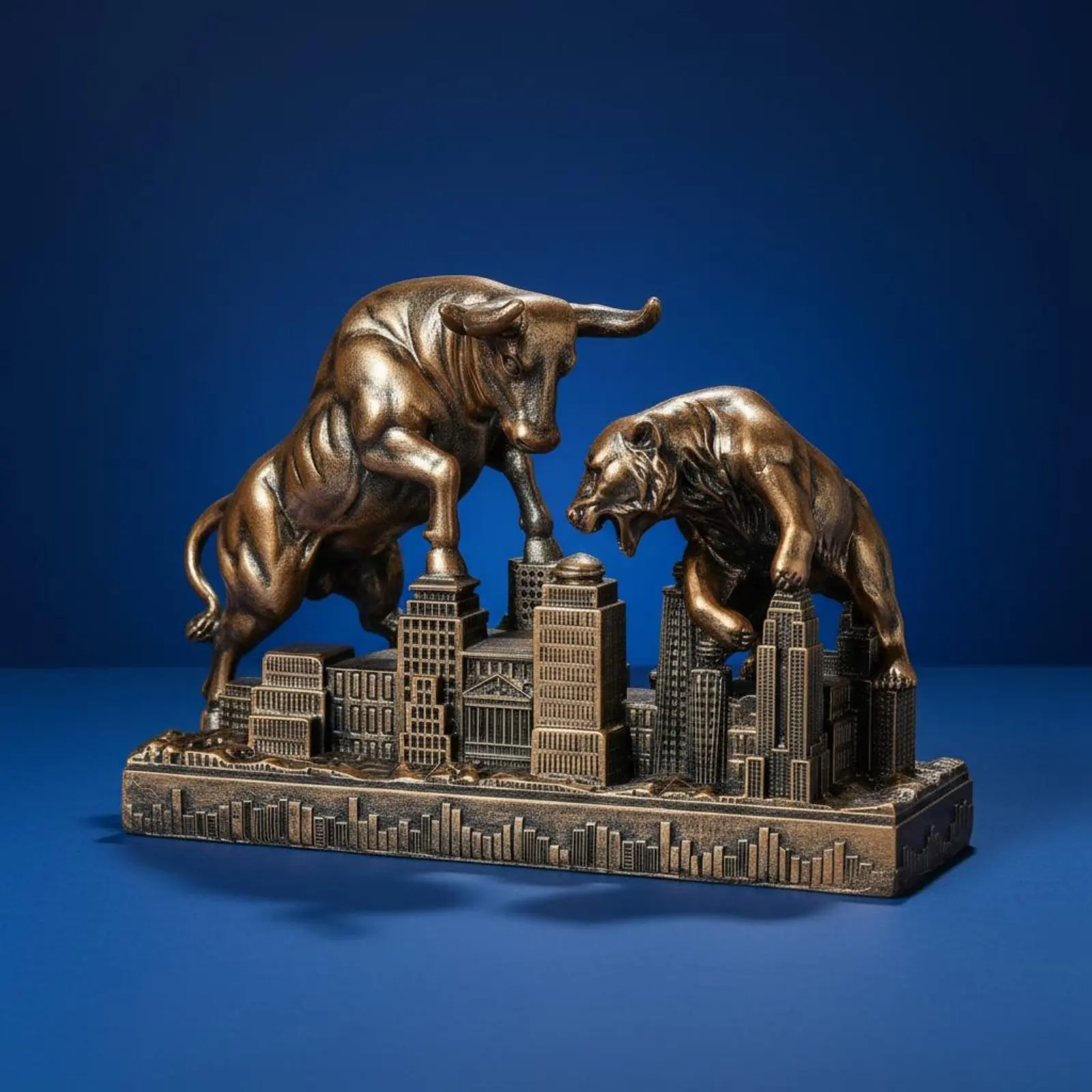 Bull and Bear Figurine Resin Craft Rising and Falling Market Figurine Statue 3D Cityscape Base Stock Market Sculpture for Invest