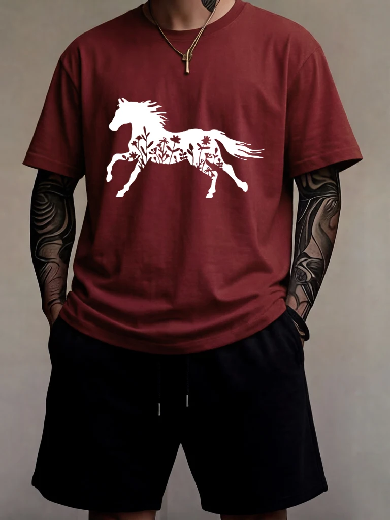 Flowers And Horses Prints Man Cotton Cool Short Sleeve 2Pc Sets Simple Running New Streetwear Comfortable Summer Sport Britches