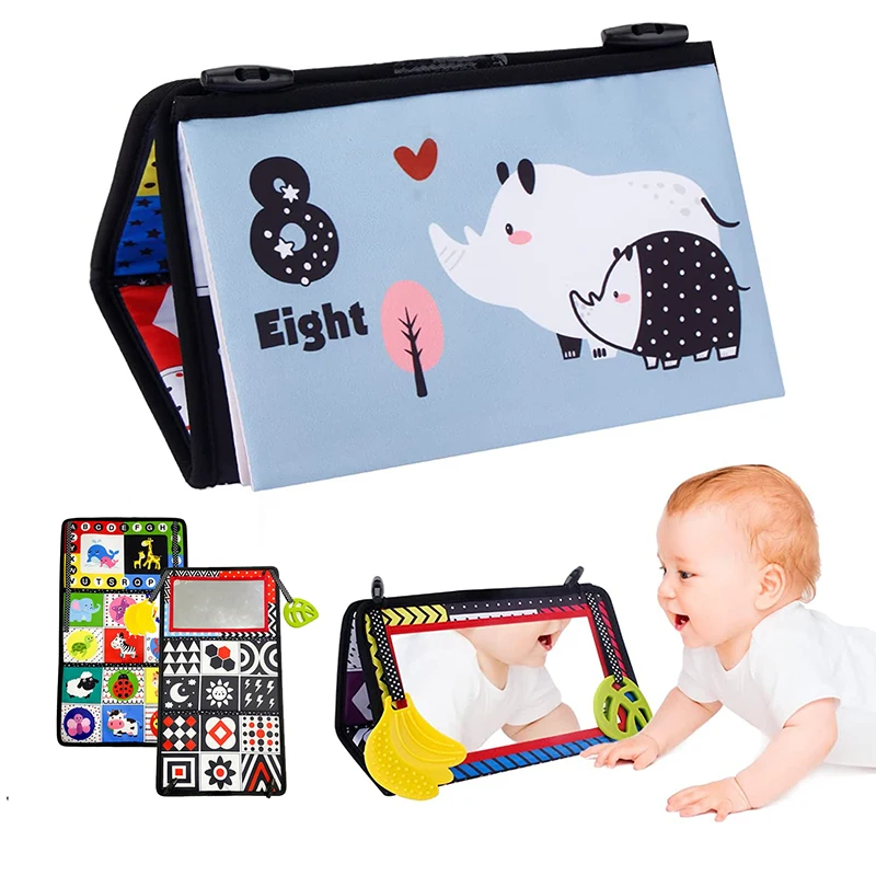 Baby Tummy Time High Contrast Black White Crinkle Cloth Book with Floor Mirror Activity Educational Gift Toys for Toddler Infant