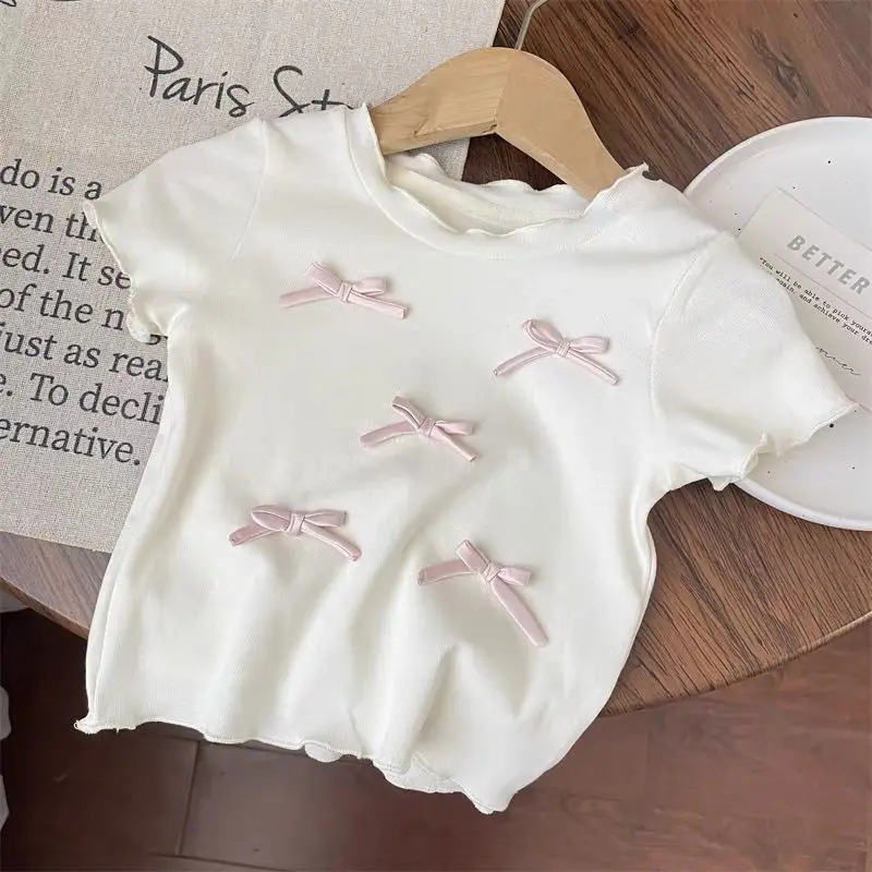 White Pink Color Children's Clothing Sets Bow Short Sleeve Top  Plaid Wide Leg Pants Set for Kid Girl Summer Soft Cotton Clothes