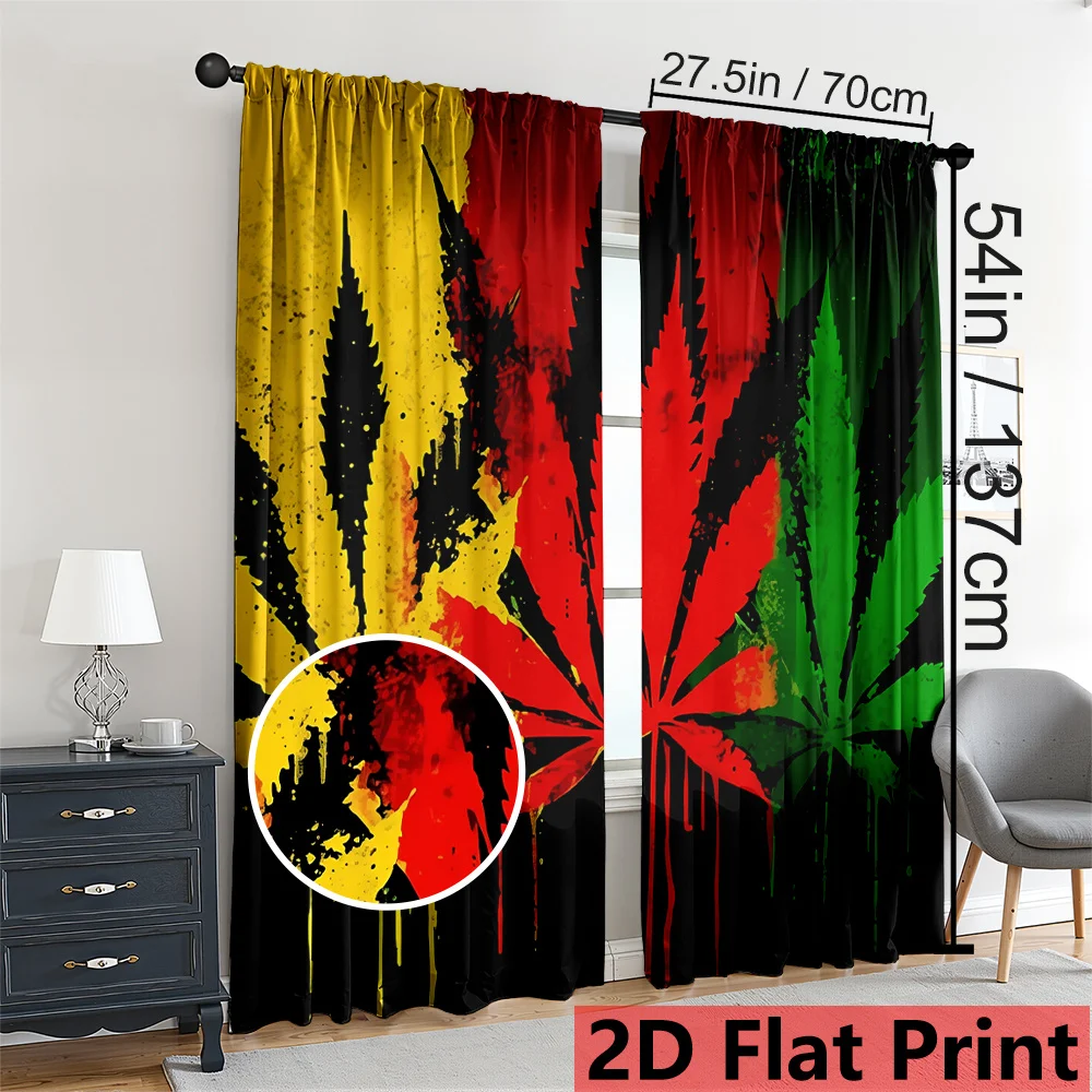 2pcs Weed Leaf Curtains Rasta Reggae Print Blackout Drape Living Room Bedroom Window Treatment Home Decor