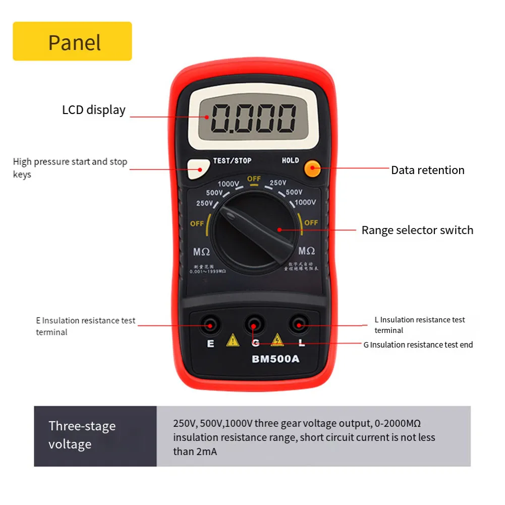 Pengujian Isolasi Keselamatan 138 69 31Mm BM500A Desain Ukuran Kompak Perlindungan Isolasi Ganda Teknologi Peningkat Elektronik