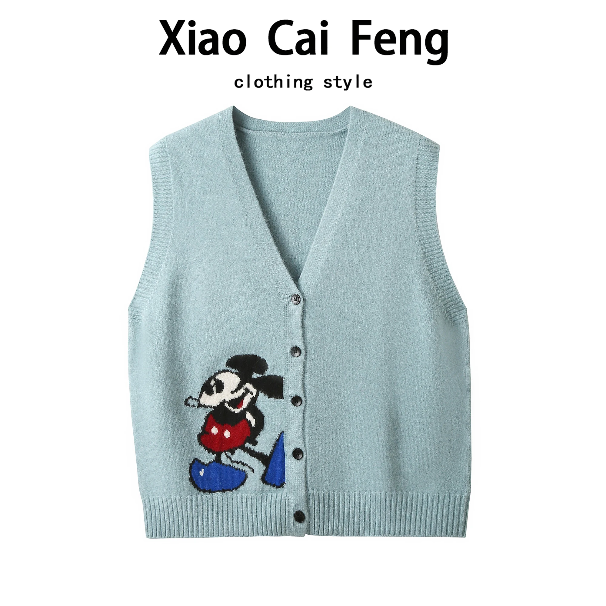 

Cartoon Miey Knitted Vest Top Women's Spring Autumn Outerwear V-ne Svel Sweater Faionable Youthful Layering