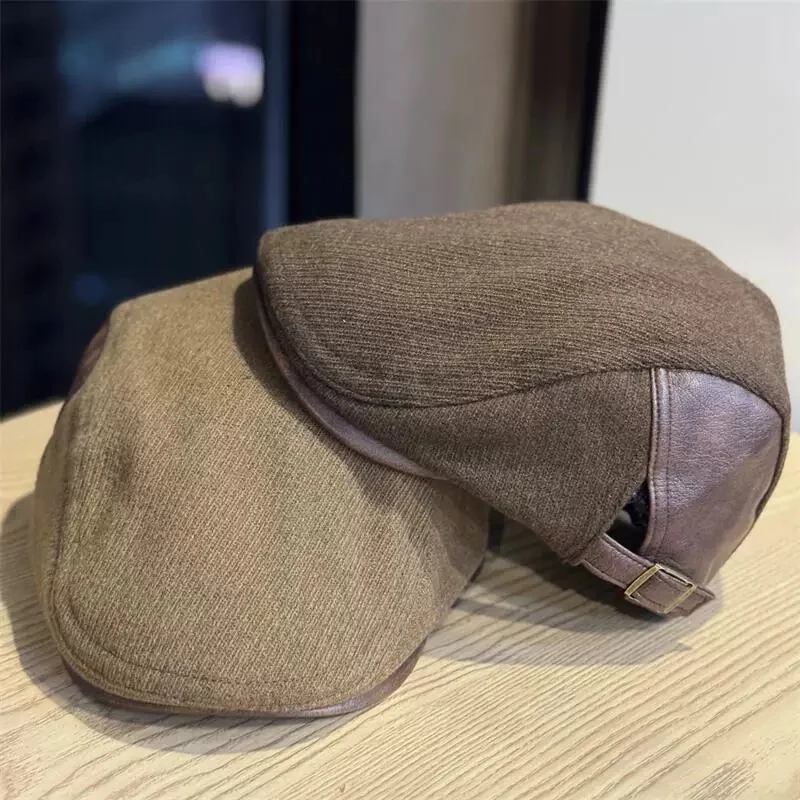 Fall/Winter Retro Leather-Trimmed Brimmed Hats, Unisex Solid-Color Knit Newsboy Caps, British-Style Short-Brimmed Painter's Hats