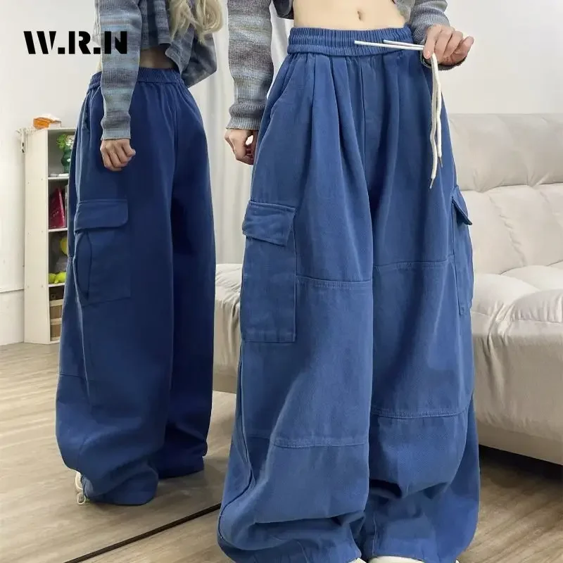 

2024 Autumn Women's Casual Elastic Waist Harajuku Jeans Vintage Drawstring Loose Washed Pants Y2K Wide Leg Baggy Denim Trouser