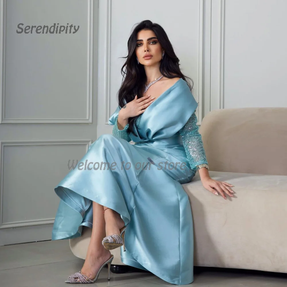 Serendiamy-فستان سهرة من الساتان البوق للنساء ، أنيق في المملكة العربية السعودية ، عاري الكتفين ، دانتيل بطول الكاحل ، فستان أزرق للحفلات الراقصة ، مثير