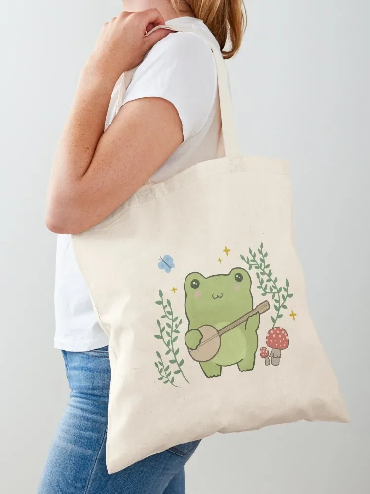 Kawaii Frog Playing Banjo: Toad Cottagecore Aesthetic Mushroom and Blue Butterfly Tote Bag tote bags aesthetic Beach bag Bag