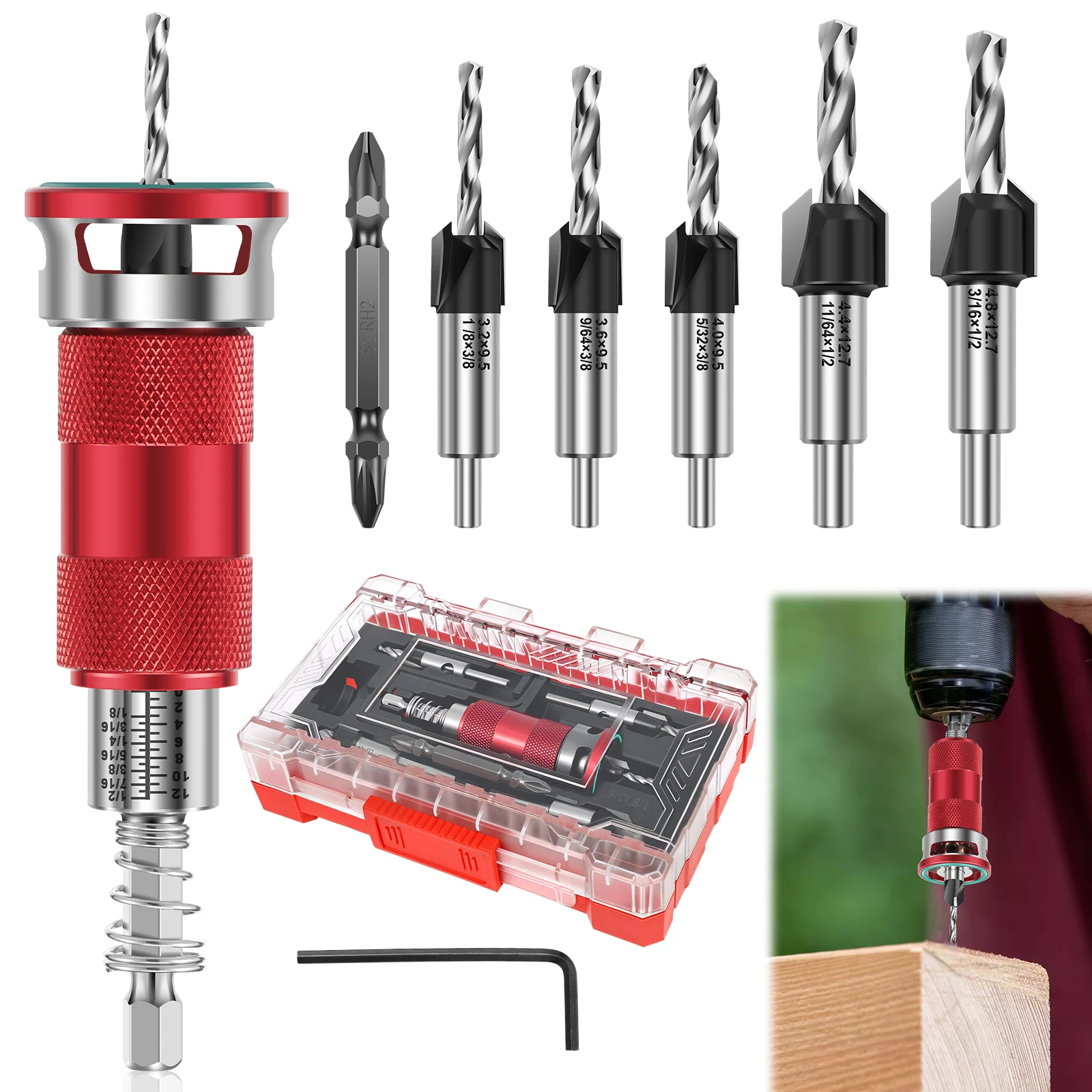 プレミアムカウンターシンクドリルセット、工具不要ダイヤル＆アルミ合金製ストップカラー付き、2枚刃鋼製深さ調整機能、木工、毛皮加工用