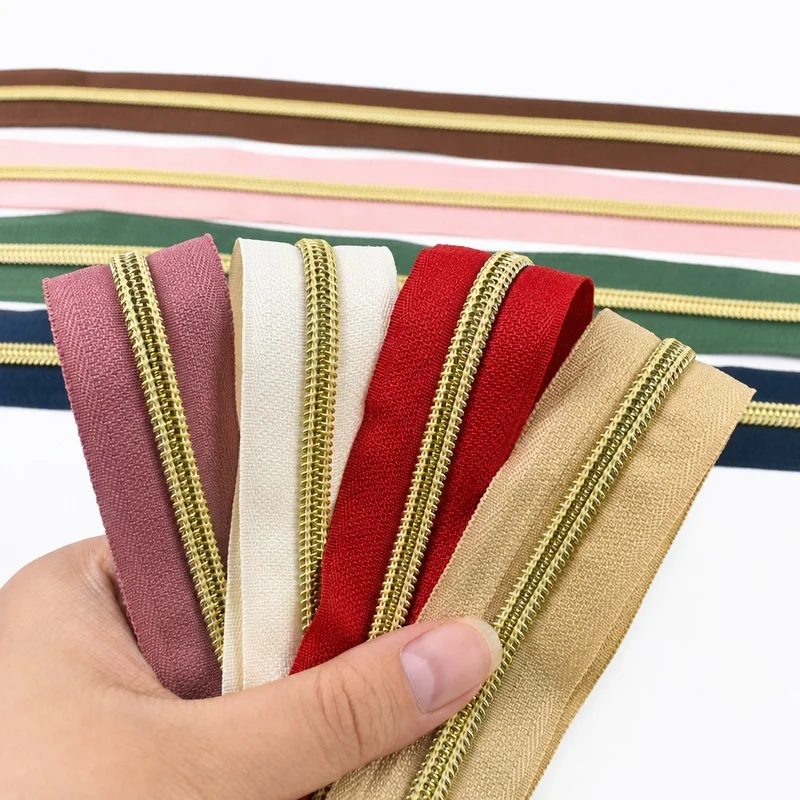 10-50Meters 5# Sewing Zipper Tape Nylon Light Gold Teeth Zip Roll By The Meter Bag Purse Luggage Zips DIY Repair Kit Accessories